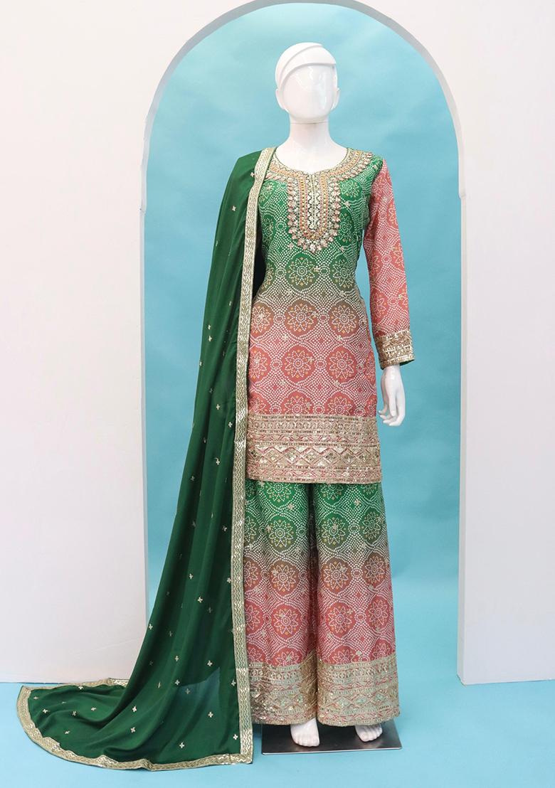 Peach Embroidered Silk Plazzo Set - Indya