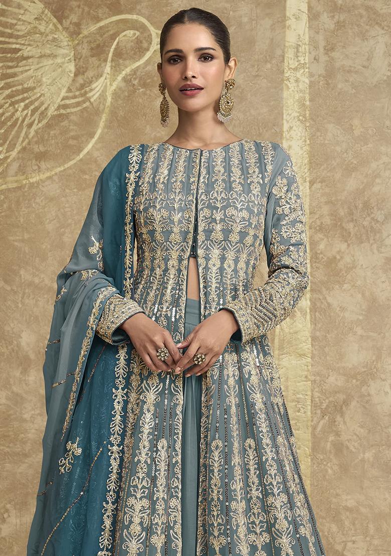 Grey Embroidered Georgette Anarkali Set - Indya
