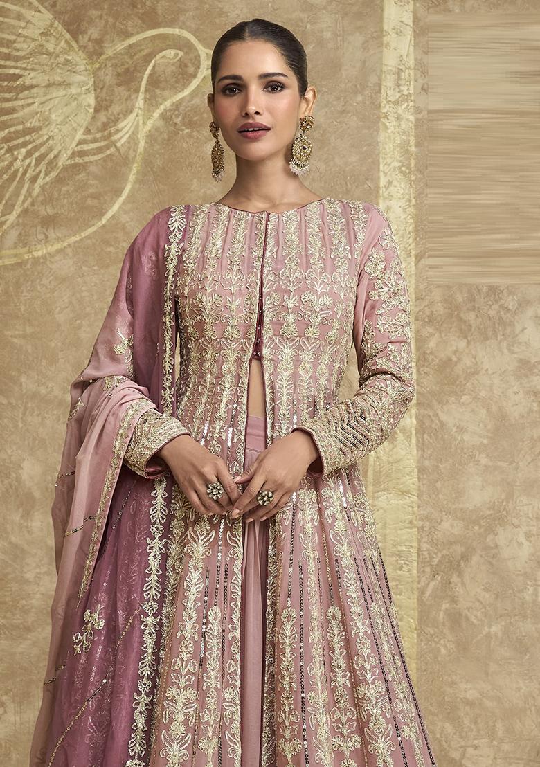 Peach Embroidered Georgette Anarkali Set - Indya