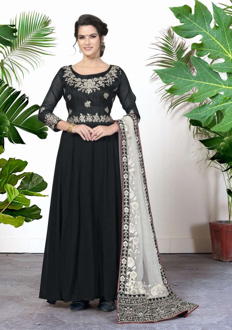 Black Embroidered Faux Blooming Anarkali Set - Indya