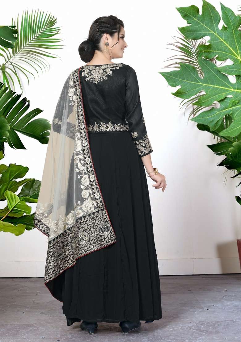 Black Embroidered Faux Blooming Anarkali Set - Indya