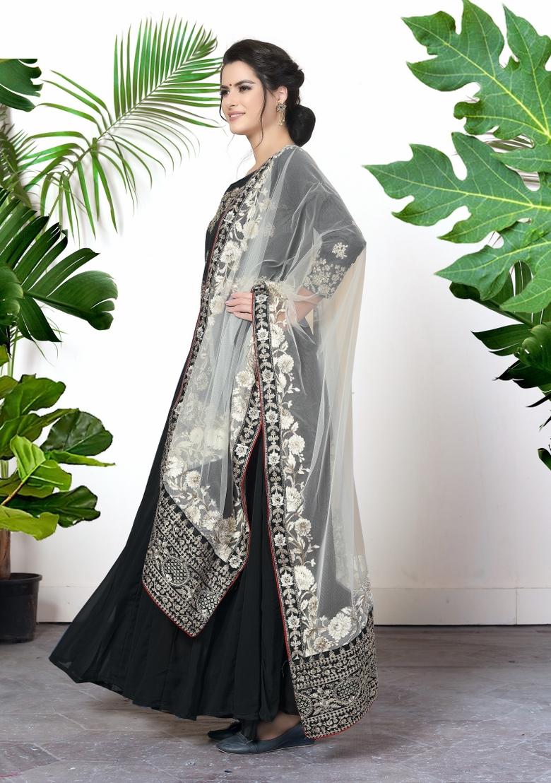 Black Embroidered Faux Georgette Salwar Kameez With Dupatta - Indya