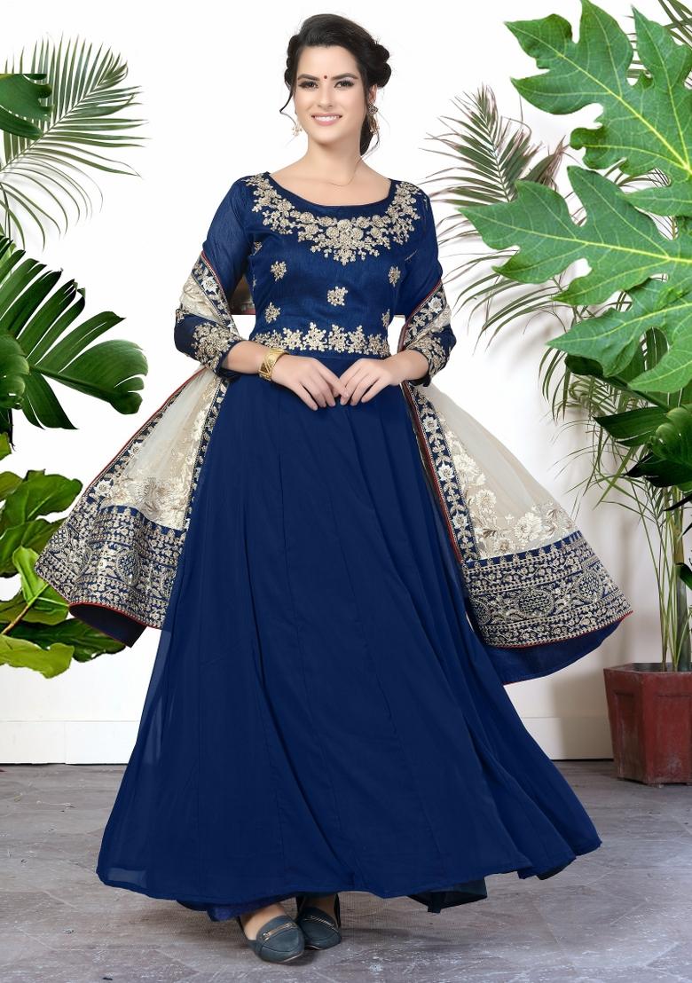 Blue Embroidered Faux Georgette Salwar Kameez With Dupatta - Indya