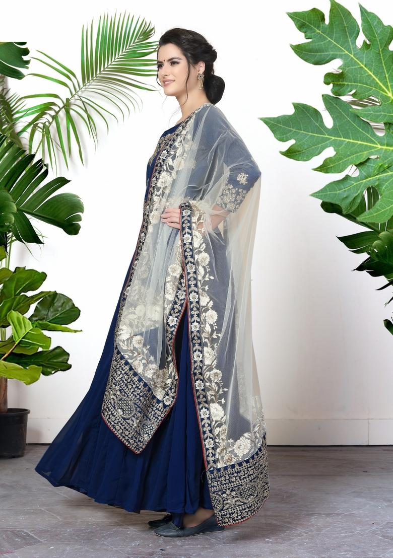 Blue Embroidered Faux Georgette Salwar Kameez With Dupatta - Indya