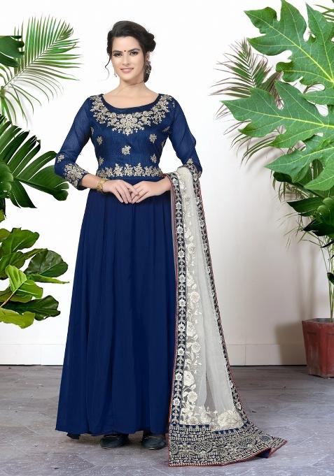 Blue Embroidered Georgette Anarkali Set