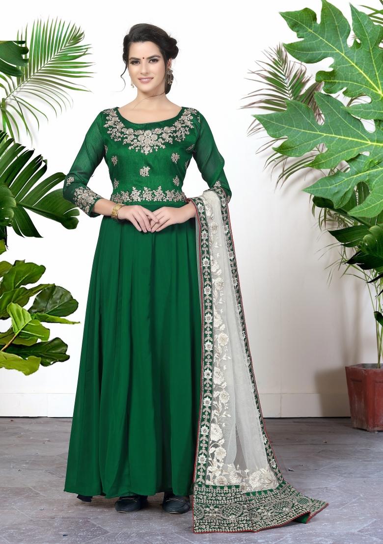 Green Embroidered Faux Georgette Salwar Kameez With Dupatta