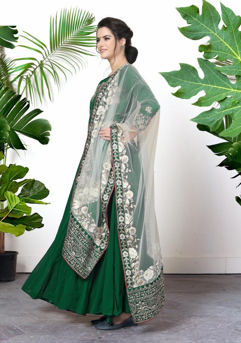 Green Embroidered Faux Georgette Salwar Kameez With Dupatta - Indya