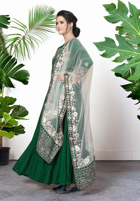 Green Embroidered Faux Georgette Salwar Kameez With Dupatta