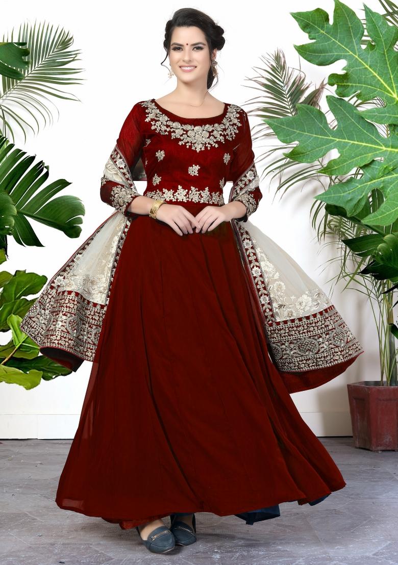 Red Embroidered Faux Georgette Salwar Kameez With Dupatta - Indya