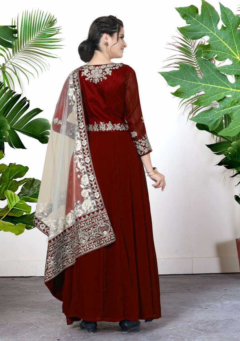Red Embroidered Georgette Anarkali Set - Indya