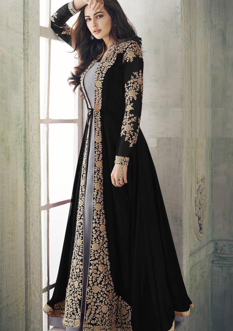 Black Embroidered Faux Georgette Salwar Kameez With Dupatta - Indya