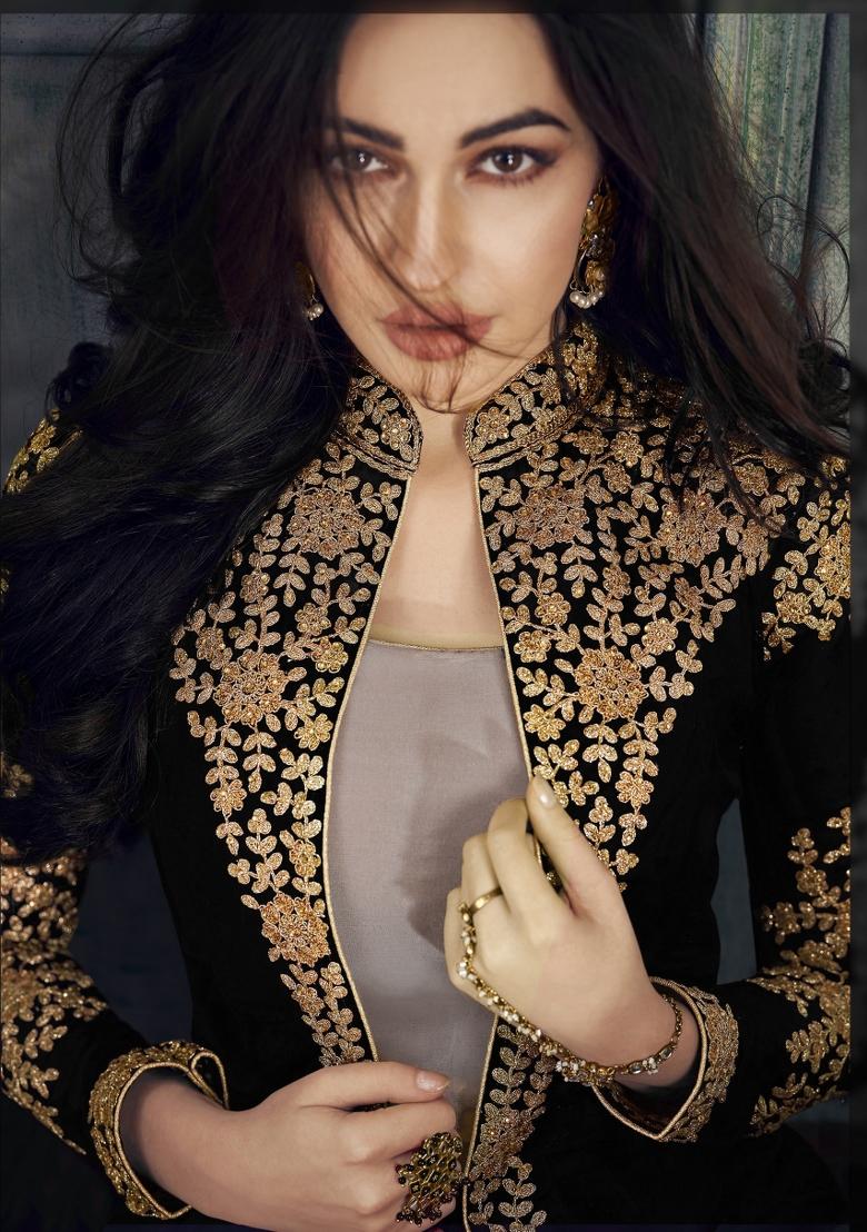 Black Embroidered Faux Georgette Salwar Kameez With Dupatta - Indya