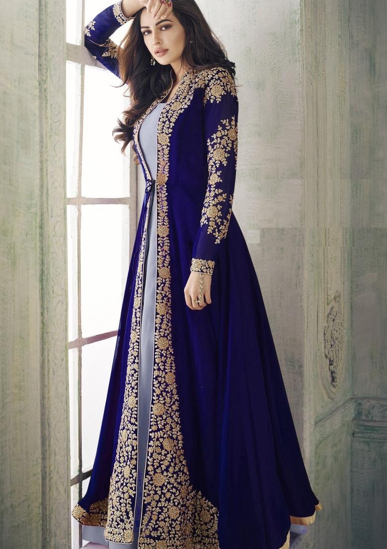 Blue Embroidered Faux Georgette Salwar Kameez With Dupatta - Indya