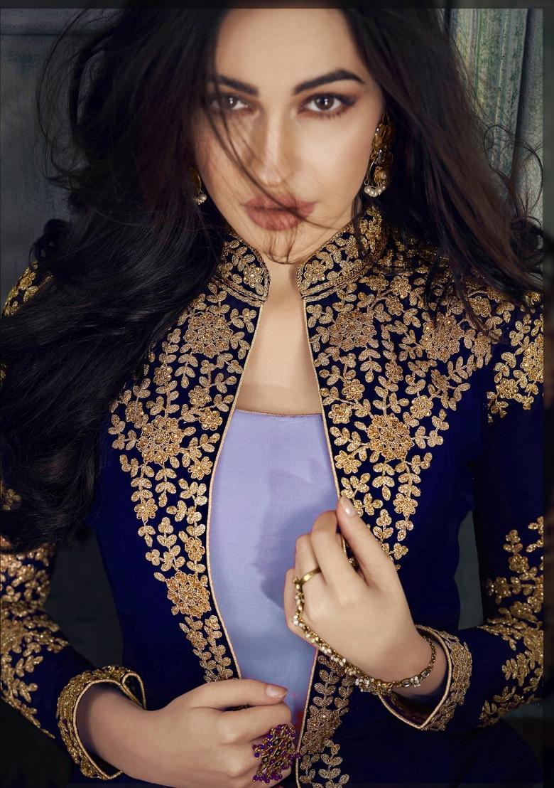 Blue Embroidered Faux Georgette Salwar Kameez With Dupatta - Indya