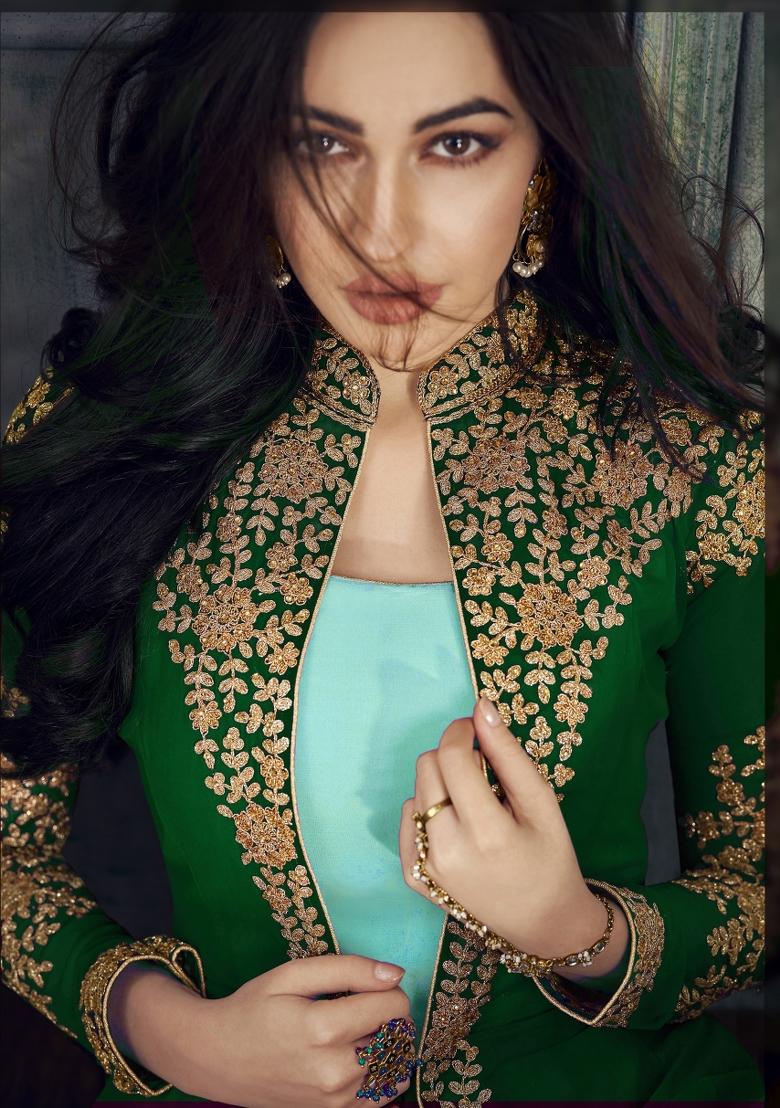 Green Embroidered Faux Georgette Salwar Kameez With Dupatta - Indya