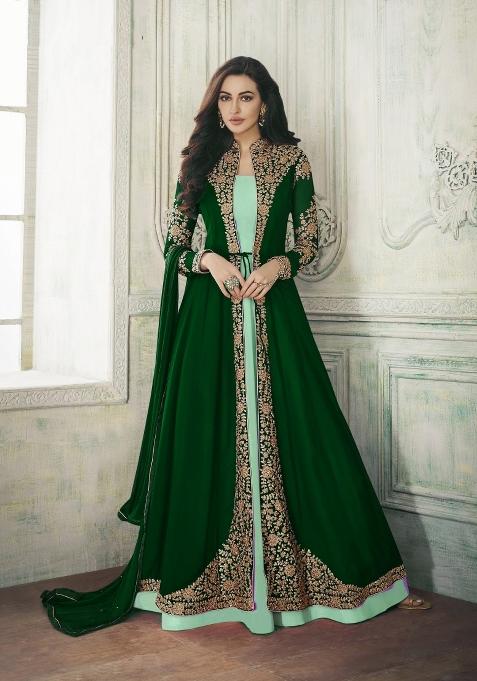 Green Embroidered Faux Georgette Salwar Kameez With Dupatta