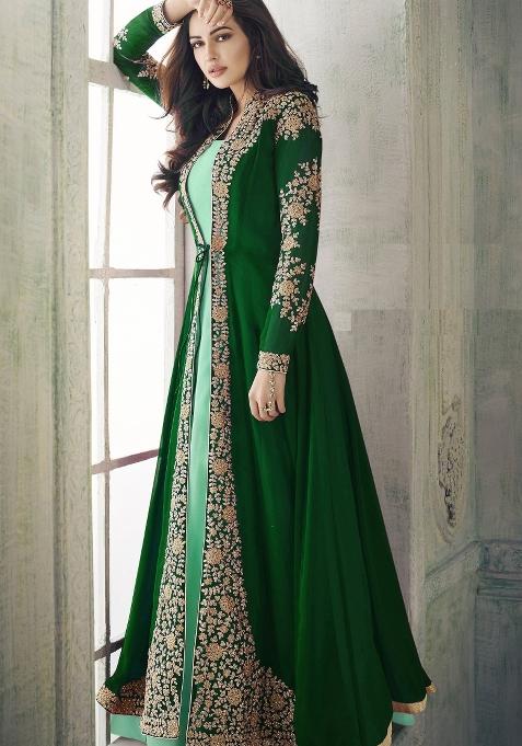 Green Embroidered Faux Georgette Salwar Kameez With Dupatta