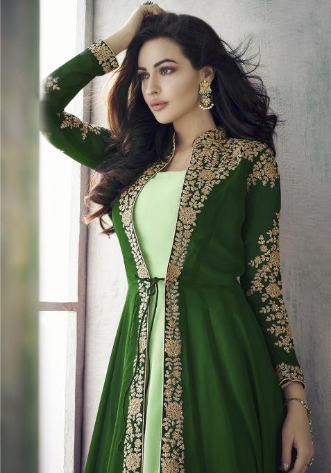 Green Embroidered Faux Georgette Salwar Kameez With Dupatta