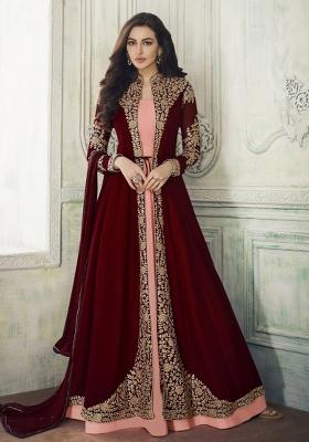 Maroon Embroidered Faux Georgette Salwar Kameez With Dupatta