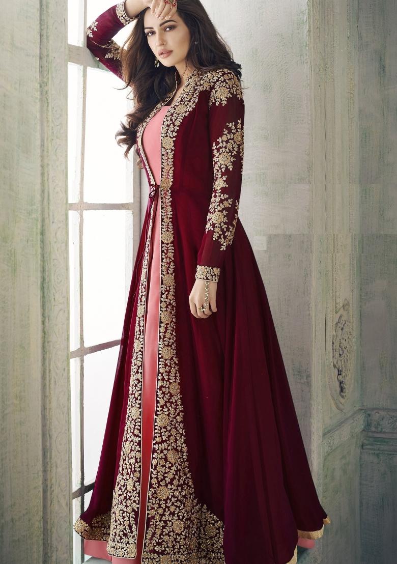 Maroon Embroidered Faux Georgette Salwar Kameez With Dupatta - Indya