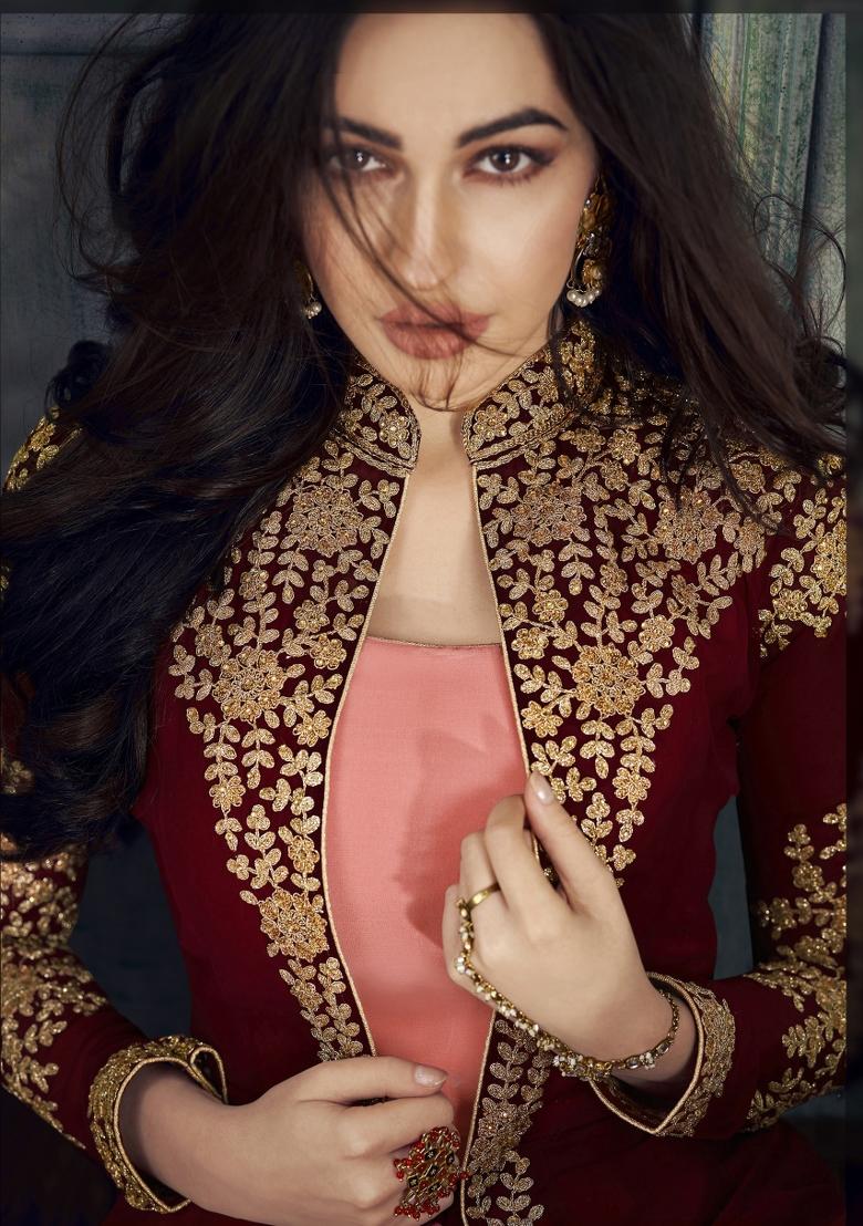 Maroon Embroidered Faux Georgette Salwar Kameez With Dupatta - Indya