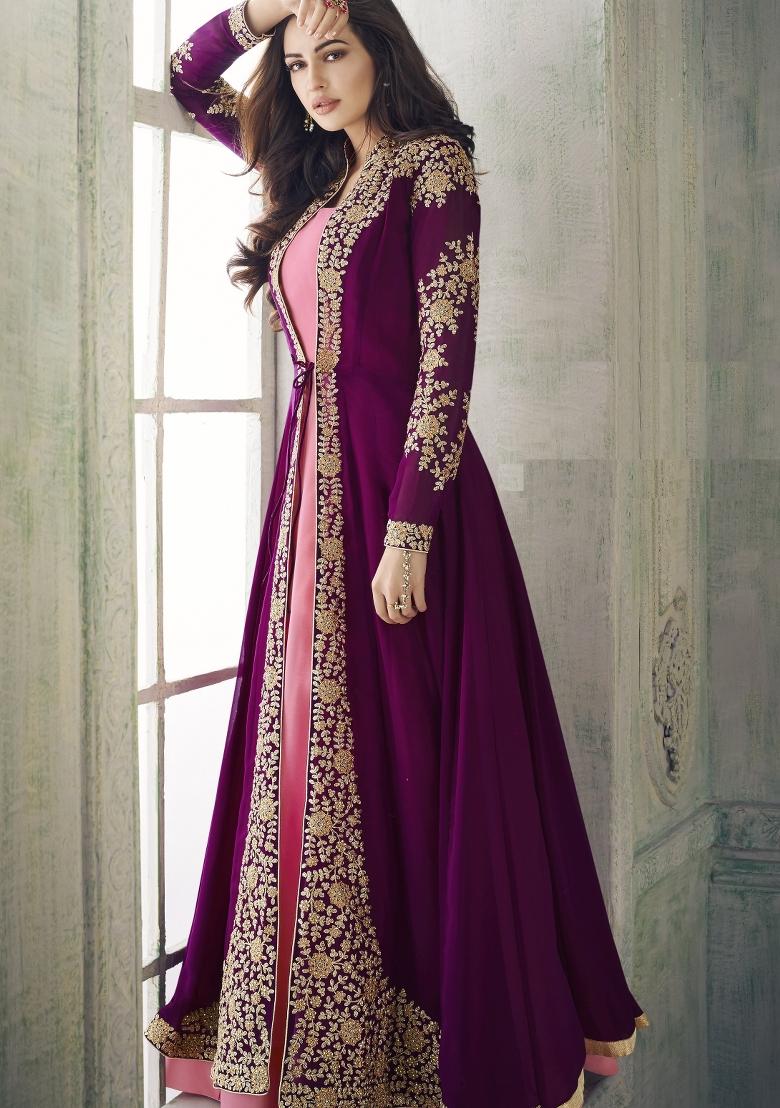 Purple Embroidered Faux Georgette Salwar Kameez With Dupatta - Indya
