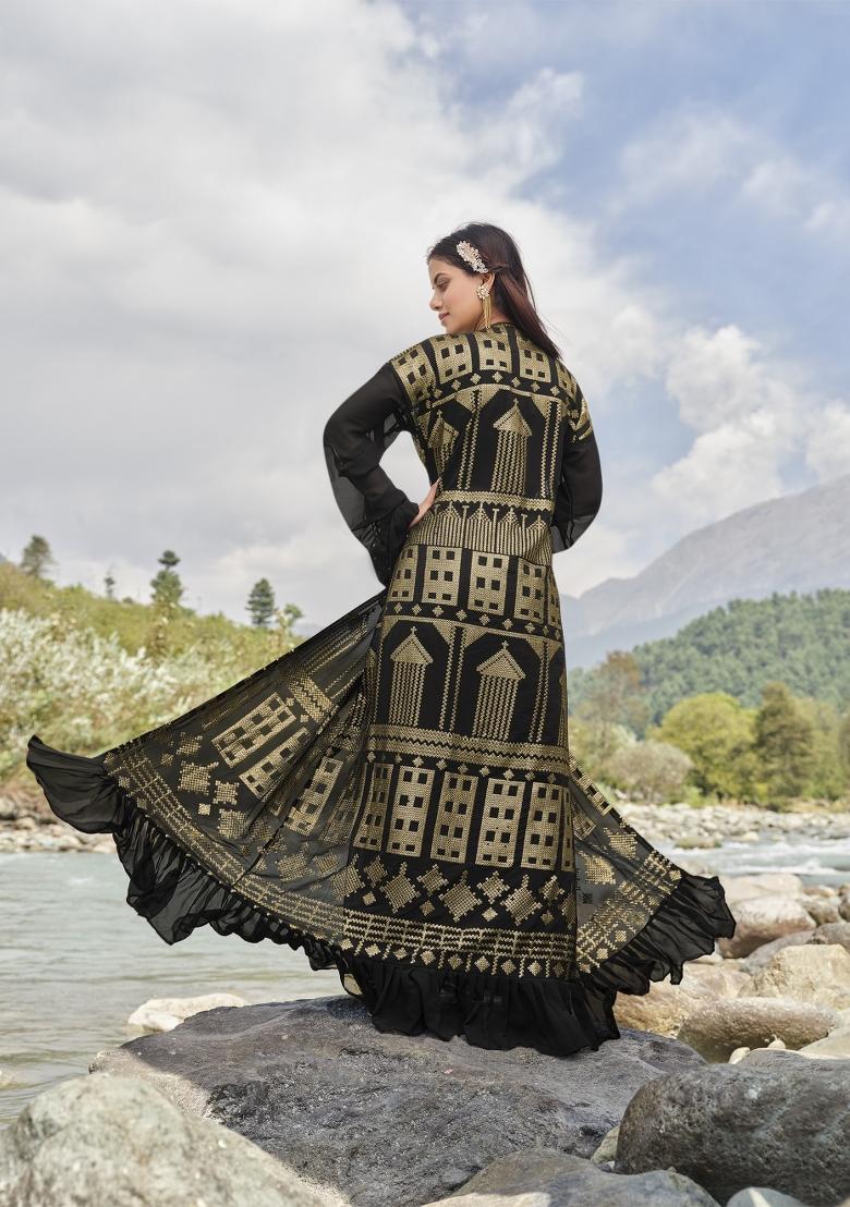 Black Embroidered Faux Georgette Salwar Kameez With Dupatta - Indya