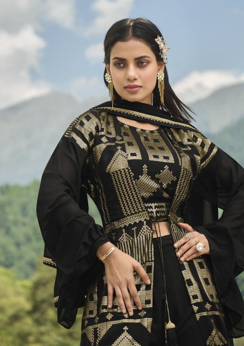 Black Embroidered Faux Georgette Salwar Kameez With Dupatta - Indya