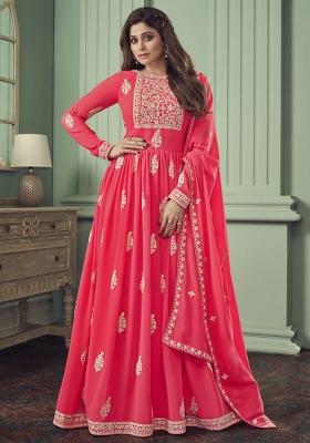Pink Embroidered Faux Georgette Salwar Kameez With Dupatta