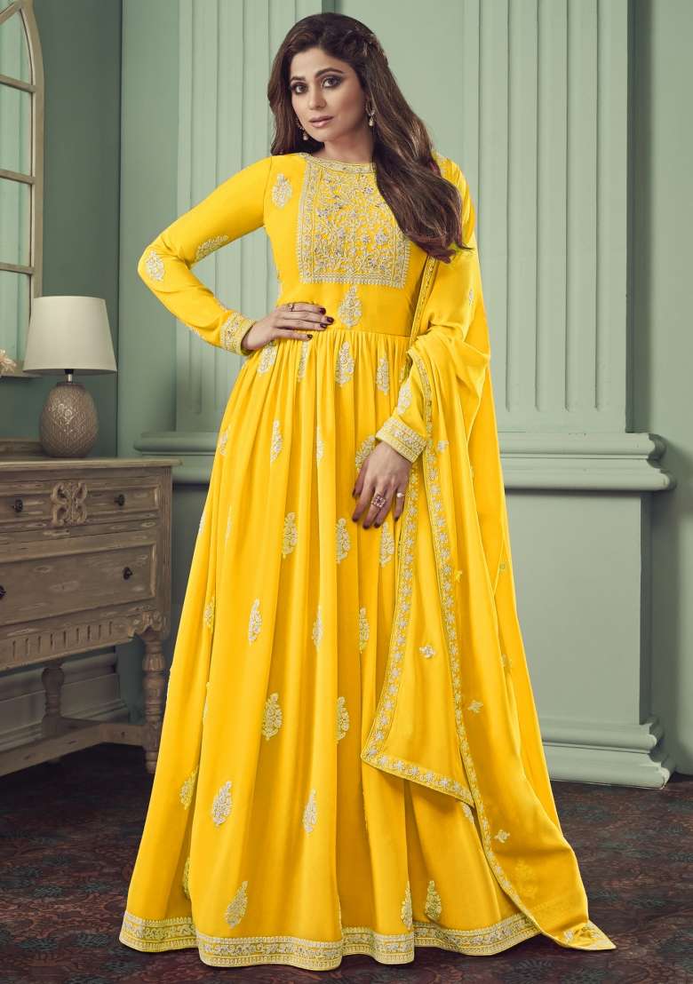 Yellow Embroidered Georgette Anarkali Set - Indya