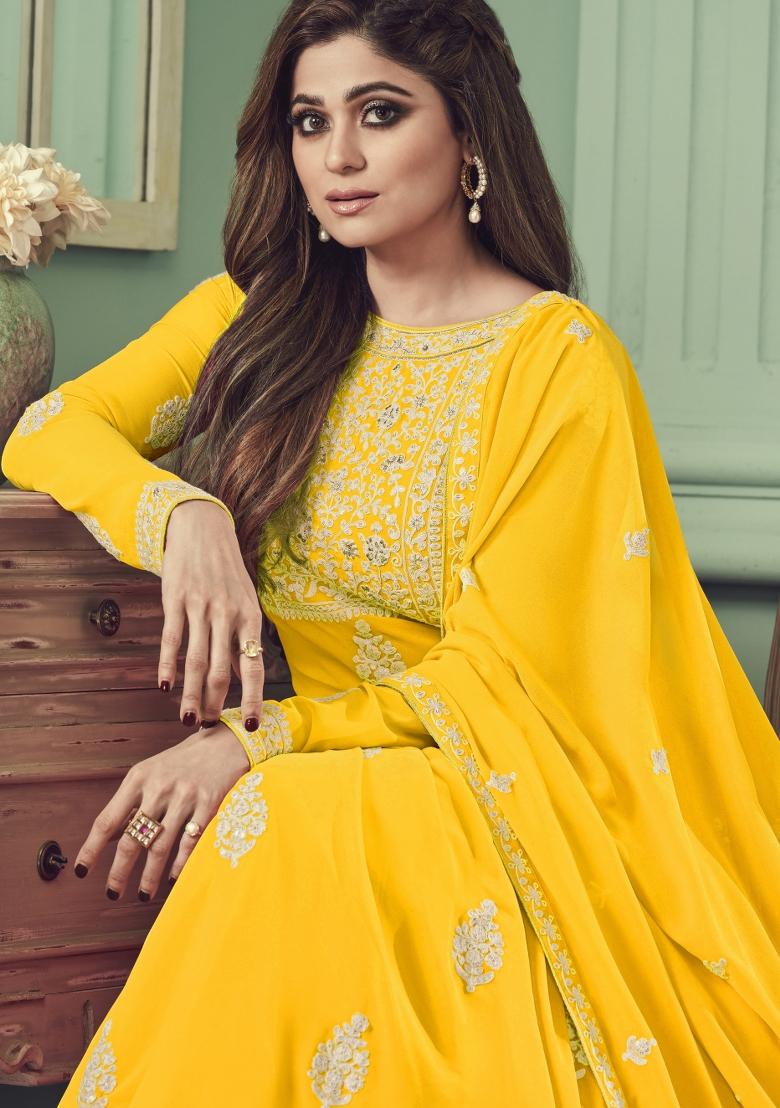 Yellow Embroidered Faux Georgette Salwar Kameez With Dupatta - Indya