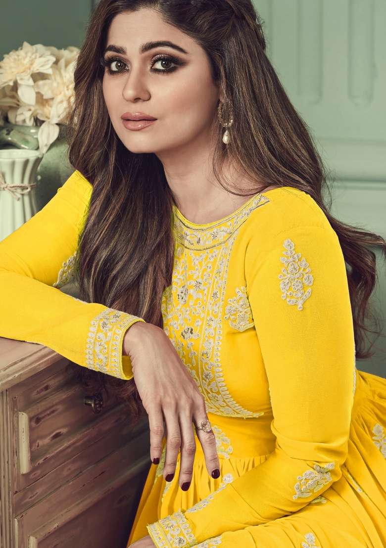 Yellow Embroidered Georgette Anarkali Set - Indya
