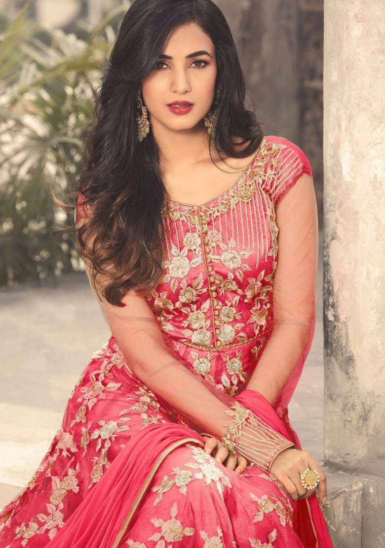 Darkpeach Embroidered Net Anarkali Set - Indya