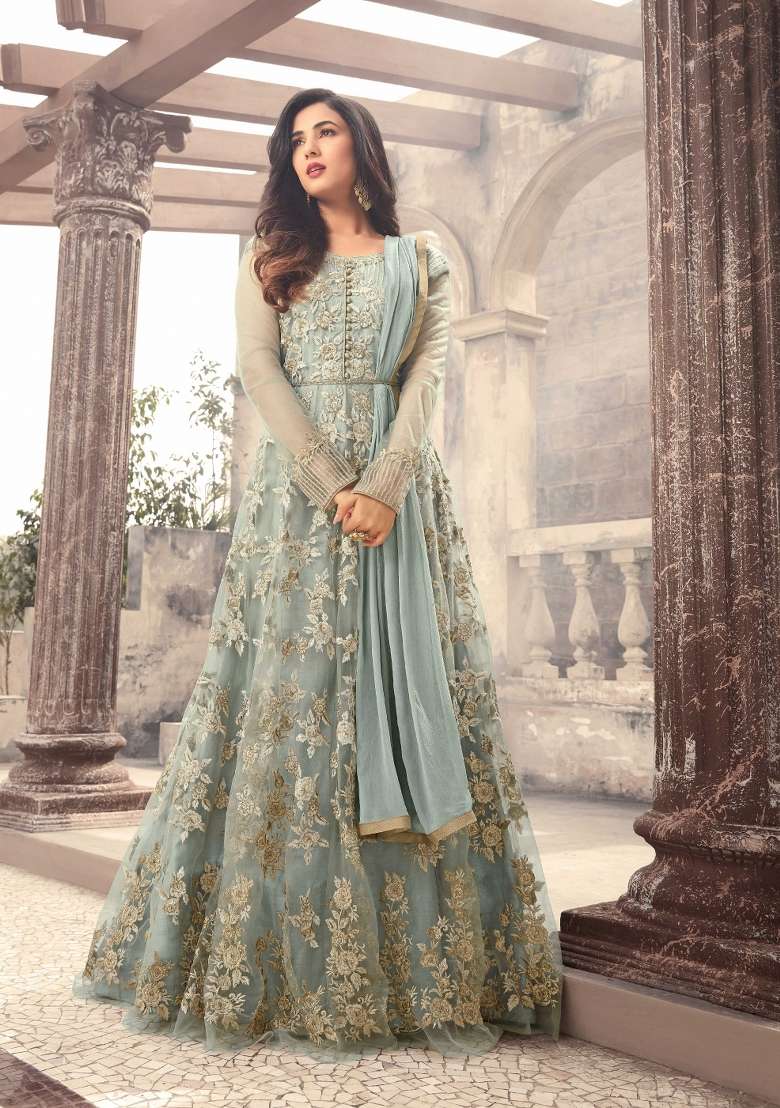 Grey Embroidered Net Salwar Kameez With Dupatta - Indya