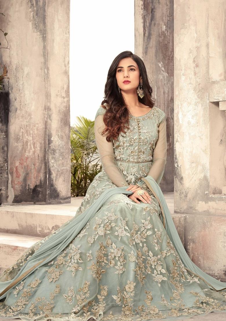 Grey Embroidered Net Salwar Kameez With Dupatta - Indya