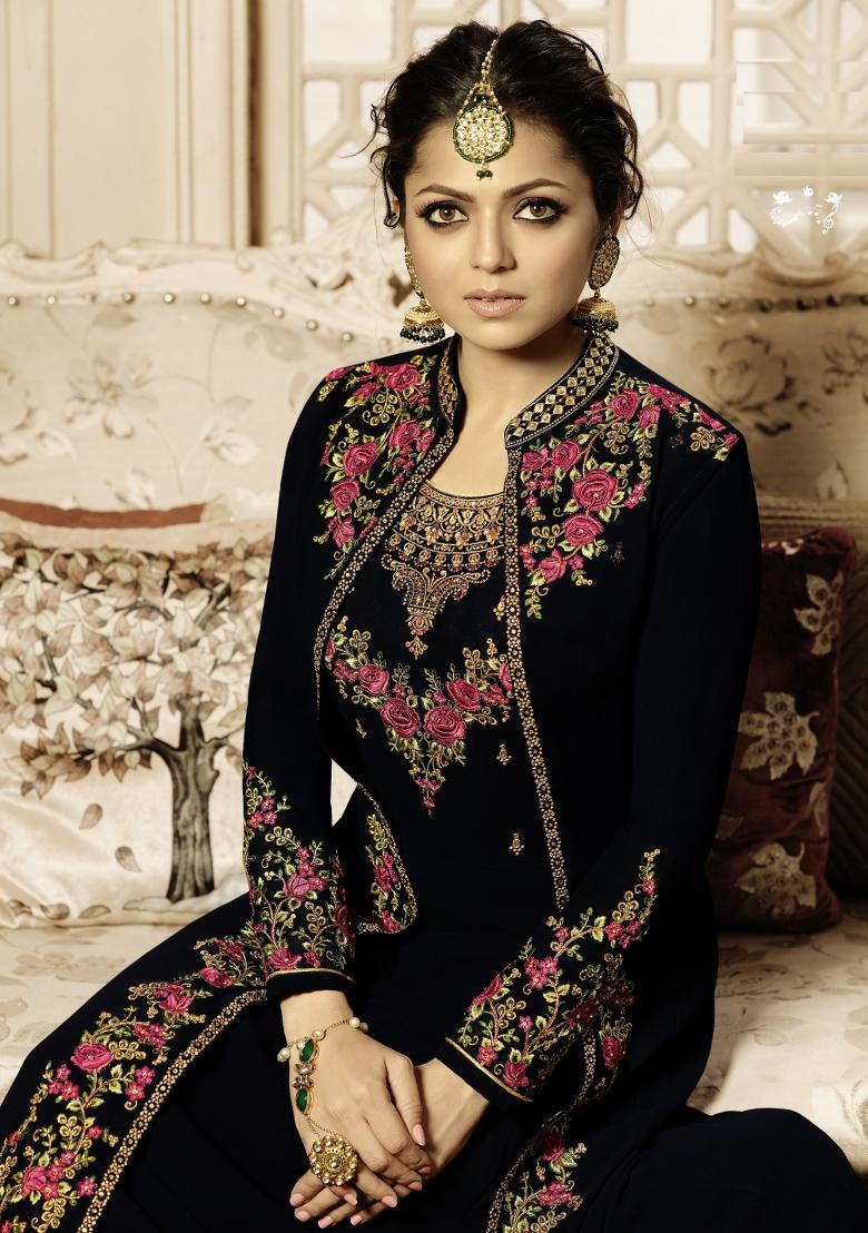 Black Embroidered Faux Georgette Salwar Kameez With Dupatta - Indya