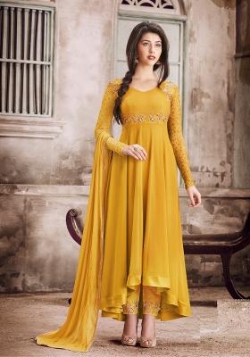 Yellow Embroidered Faux Georgette Salwar Kameez With Dupatta
