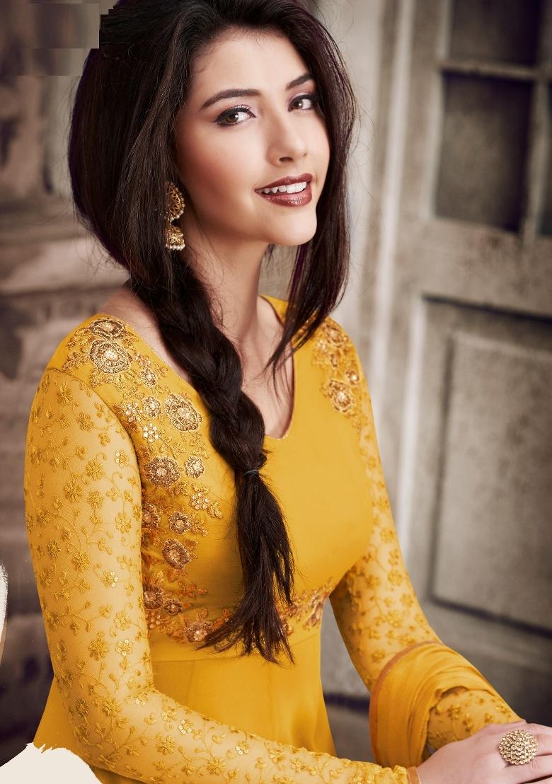 Yellow Embroidered Faux Georgette Salwar Kameez With Dupatta - Indya