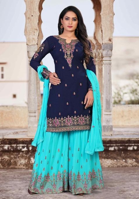 Blue Embroidered Faux Georgette Salwar Kameez With Dupatta