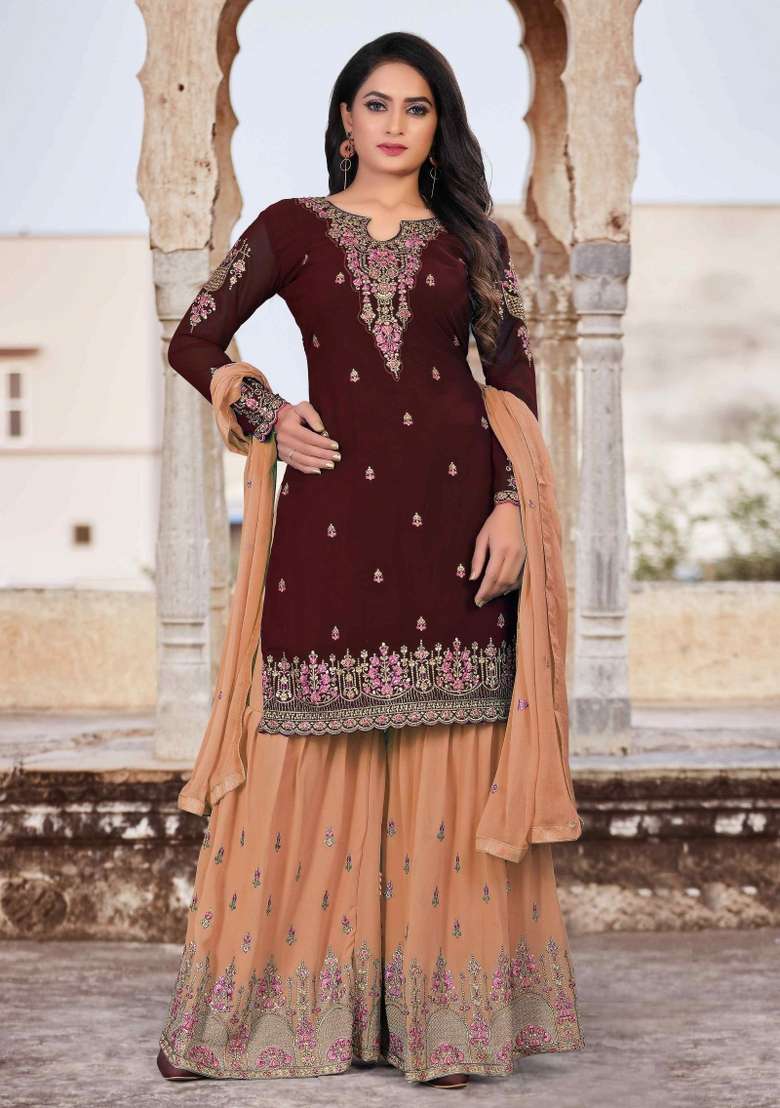 Brown Embroidered Georgette Sharara Set - Indya