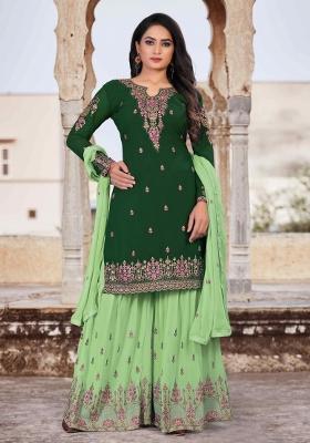 Green Embroidered Faux Georgette Salwar Kameez With Dupatta