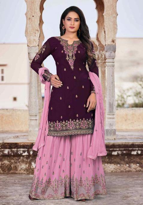 Purple Embroidered Faux Georgette Salwar Kameez With Dupatta