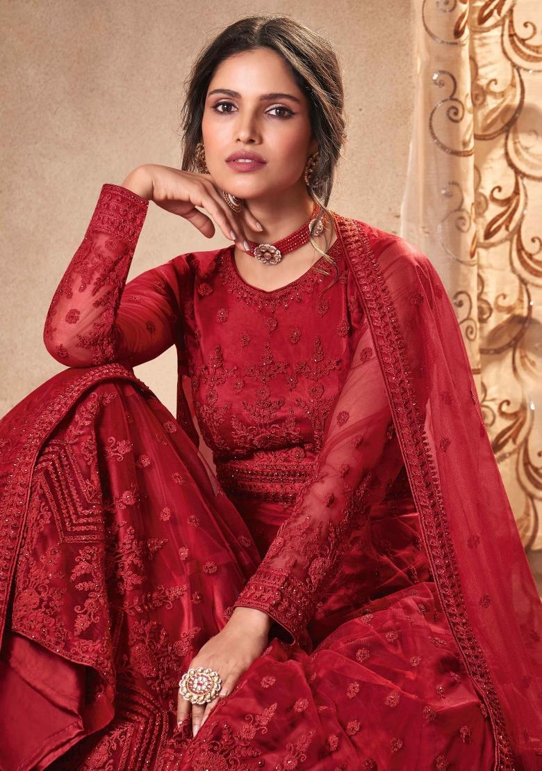 Red Embroidered Net Salwar Kameez With Dupatta - Indya