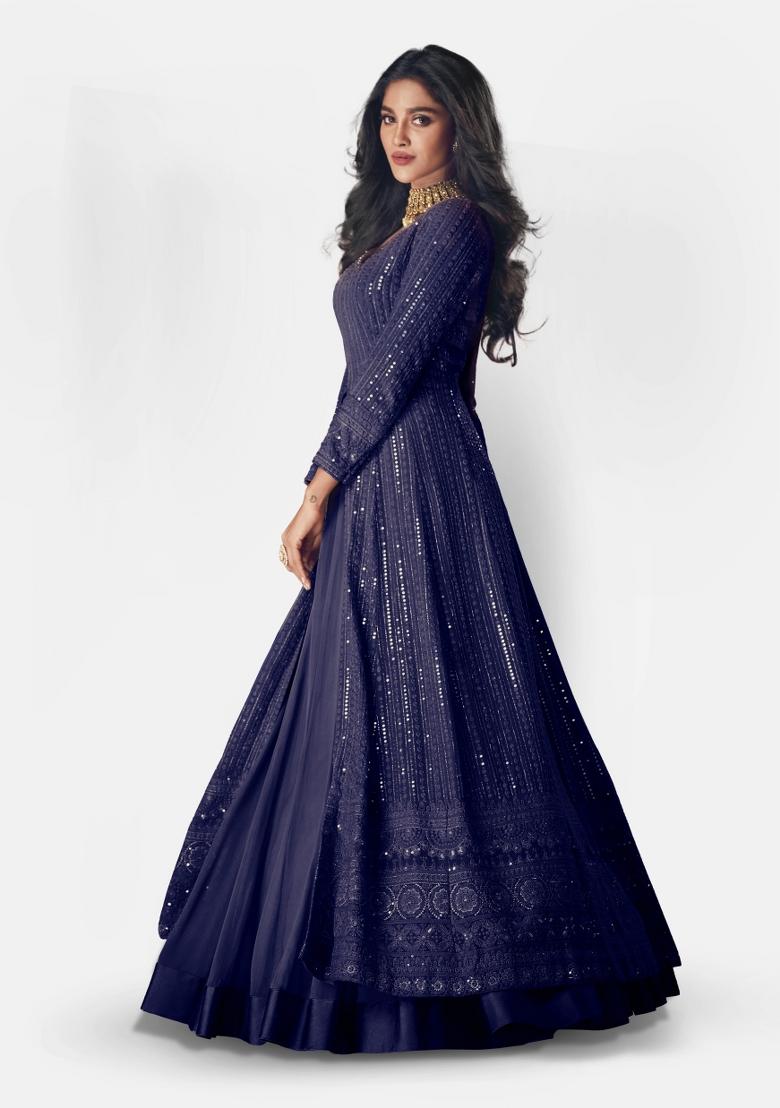 Blue Embroidered Faux Georgette Salwar Kameez With Dupatta - Indya