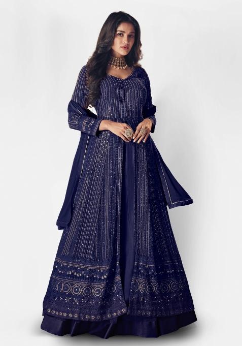 Blue Embroidered Faux Georgette Salwar Kameez With Dupatta