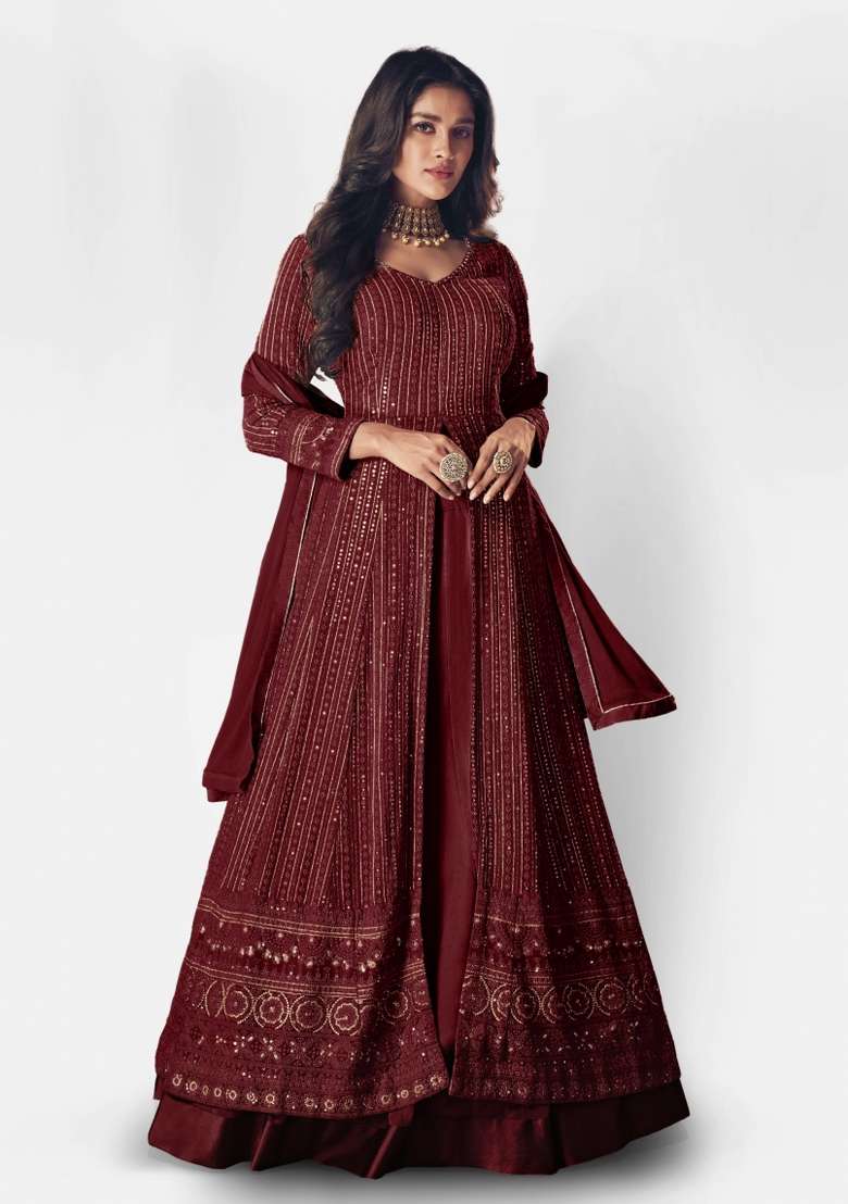 Maroon Embroidered Georgette Anarkali Set - Indya