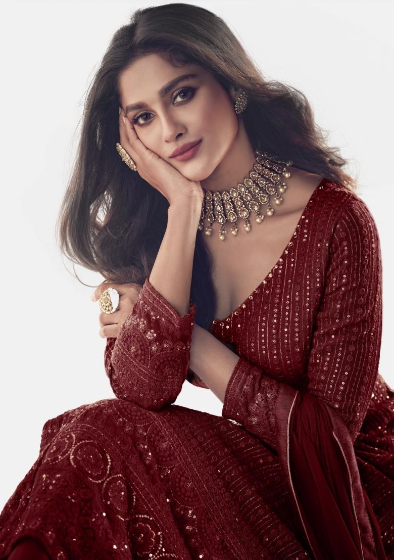 Maroon Embroidered Faux Georgette Salwar Kameez With Dupatta - Indya