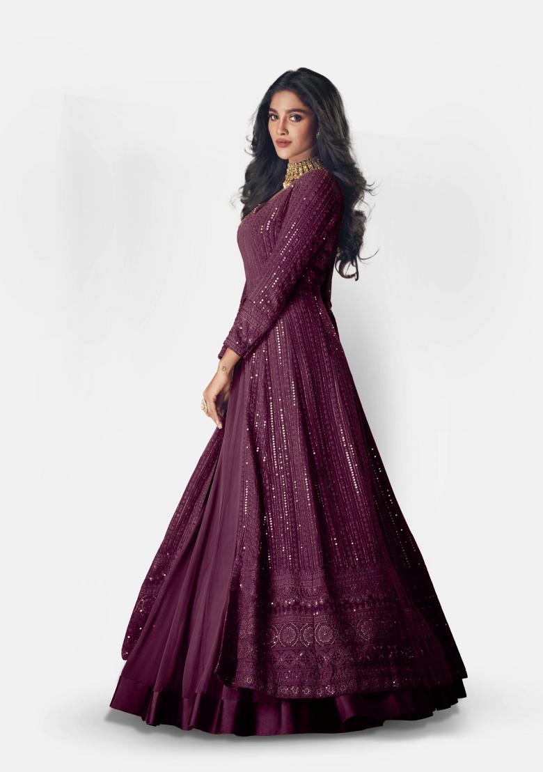 Purple Embroidered Faux Georgette Salwar Kameez With Dupatta - Indya