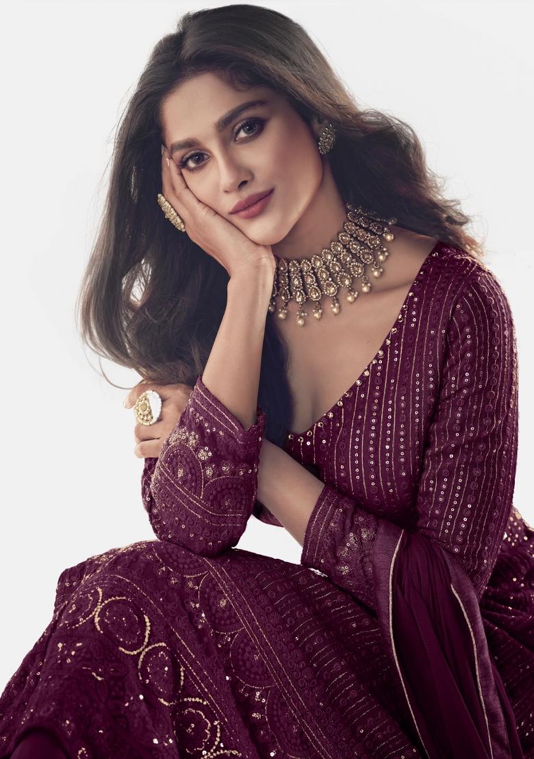 Purple Embroidered Faux Georgette Salwar Kameez With Dupatta - Indya