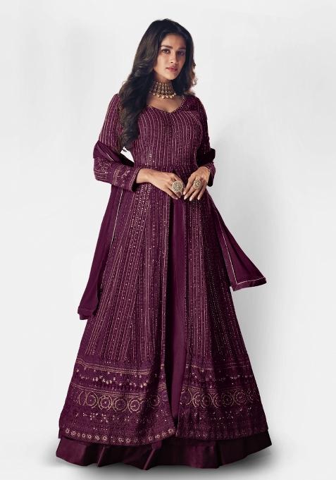 Purple Embroidered Faux Georgette Salwar Kameez With Dupatta